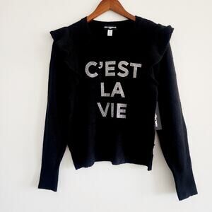 Karl Lagerfield Black C'est La Vie Ruffle Sleeve Rhinestone Sweater Size Small